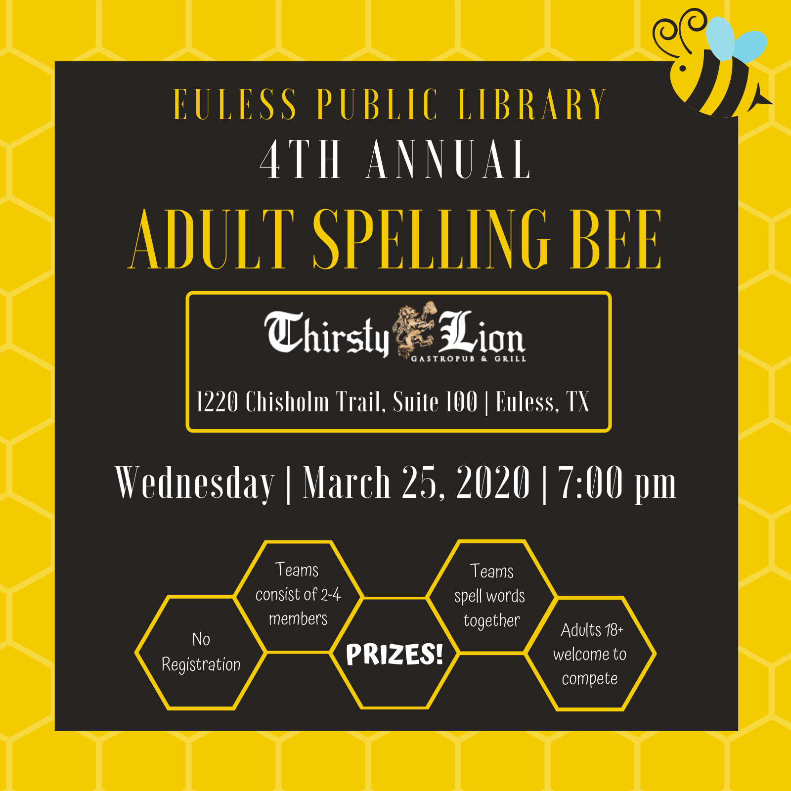 Picture of bee/honeycomb designed information about spelling bee.
