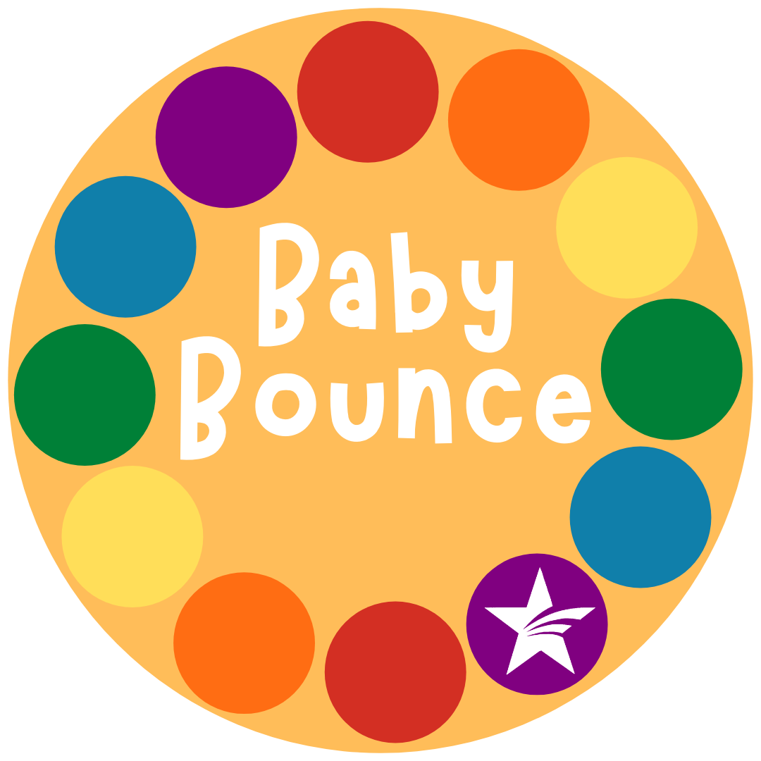 A yellow circle with smaller circles around the edge with the words Baby Bounce in the middle.
