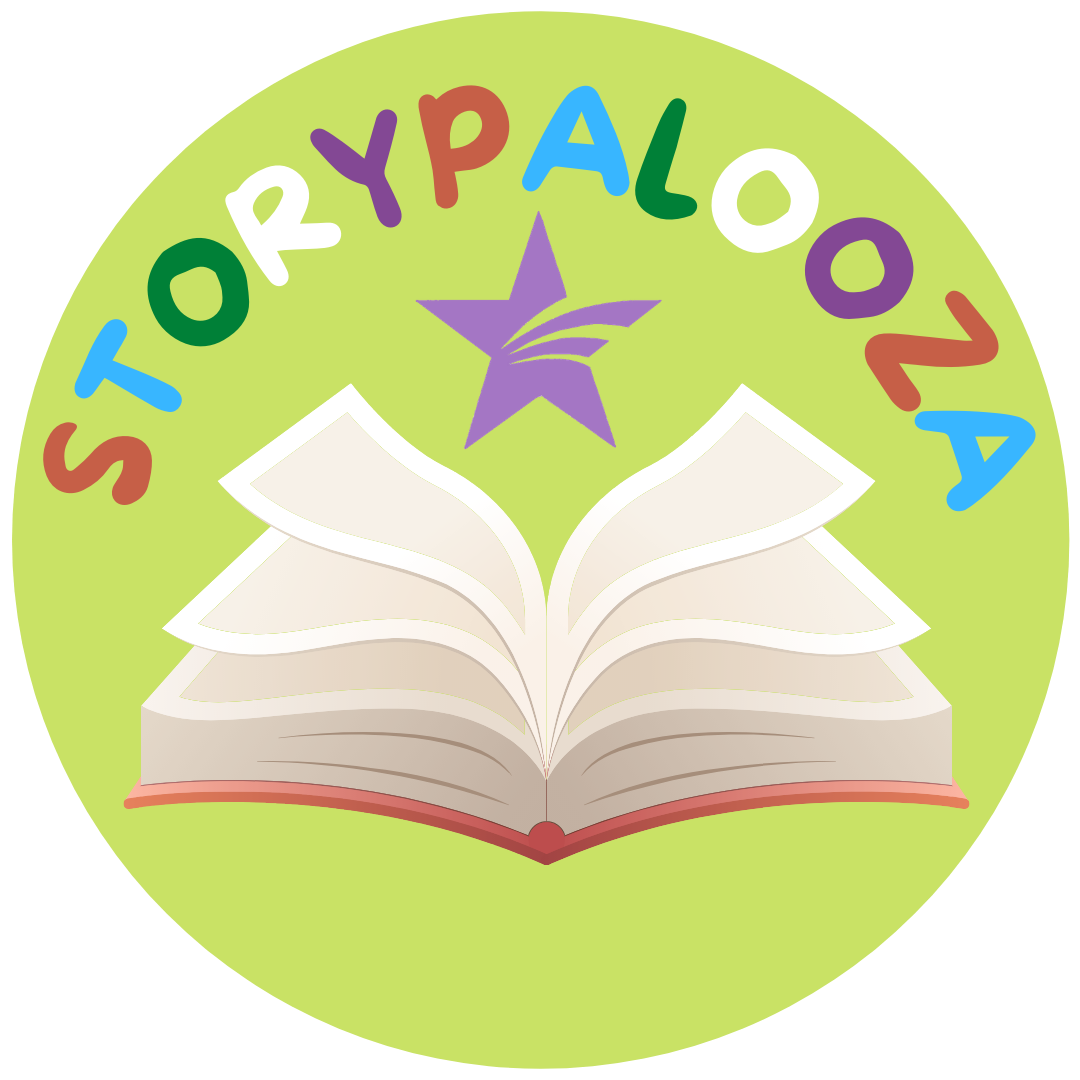A lime green circle with an open book and StoryPalooza written above the book.