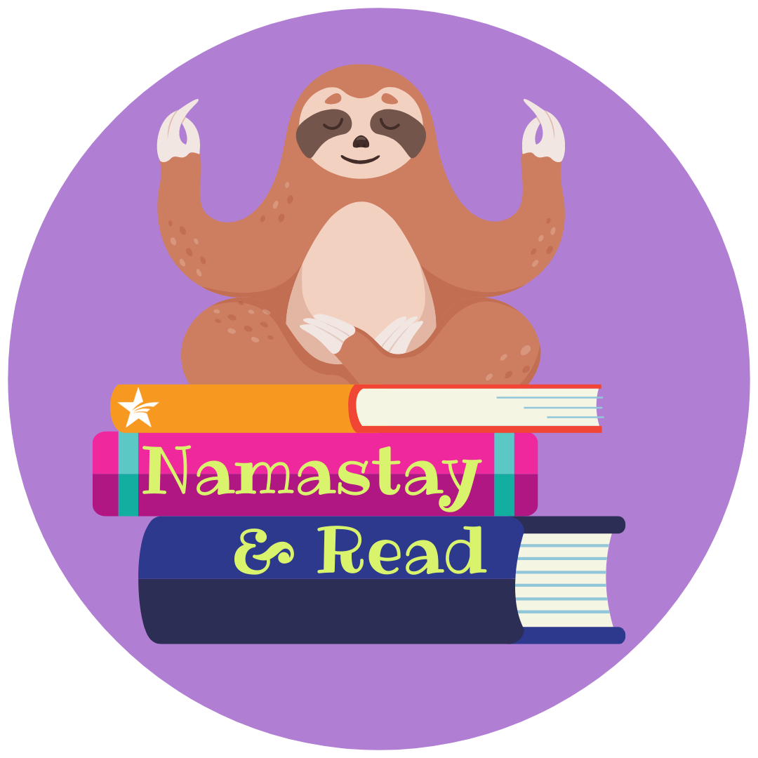 A purple circle with a sloth sitting on a stack of books with Namastay & Read written on the spines.