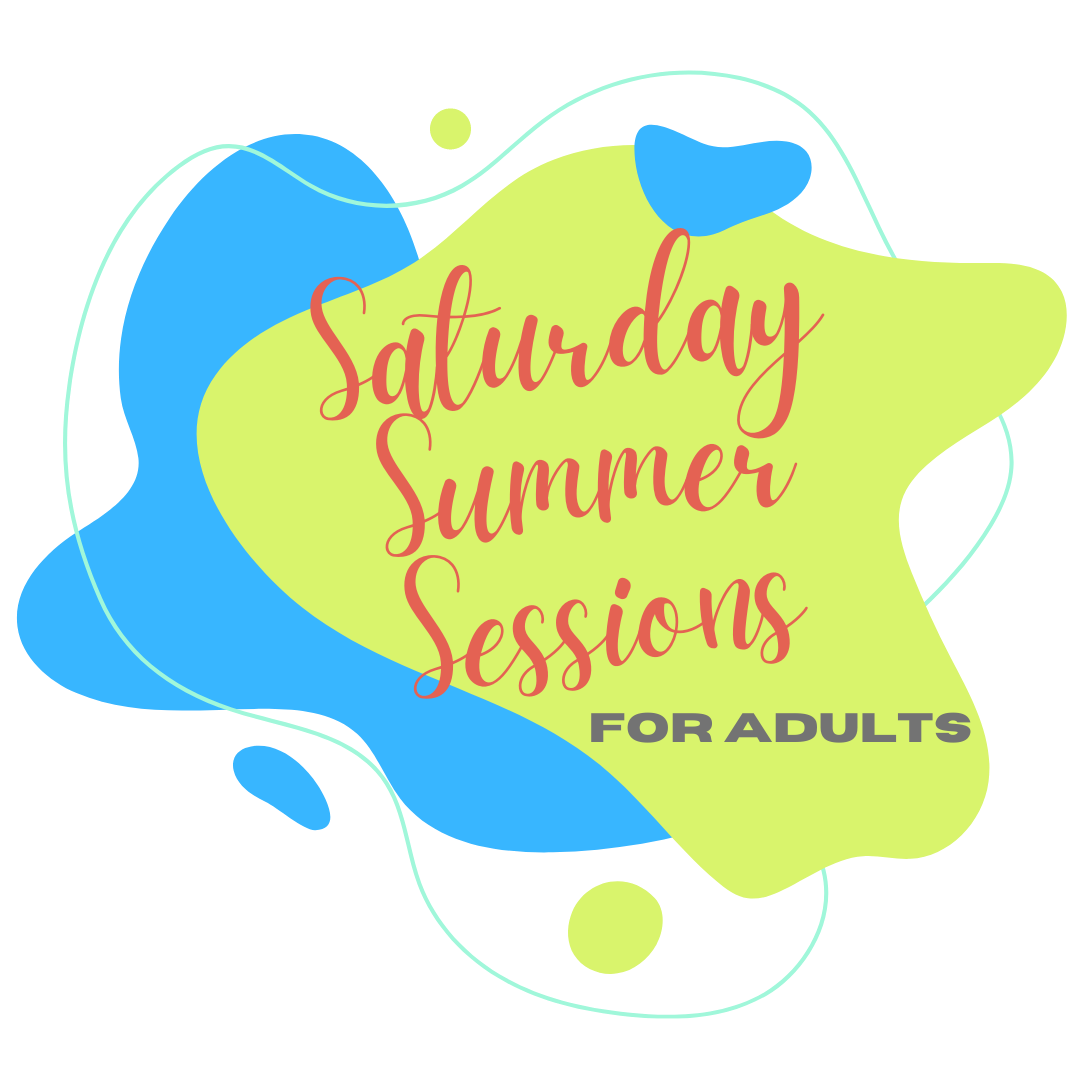 A blob of colors with Saturday Summer Session for Adults written on top of