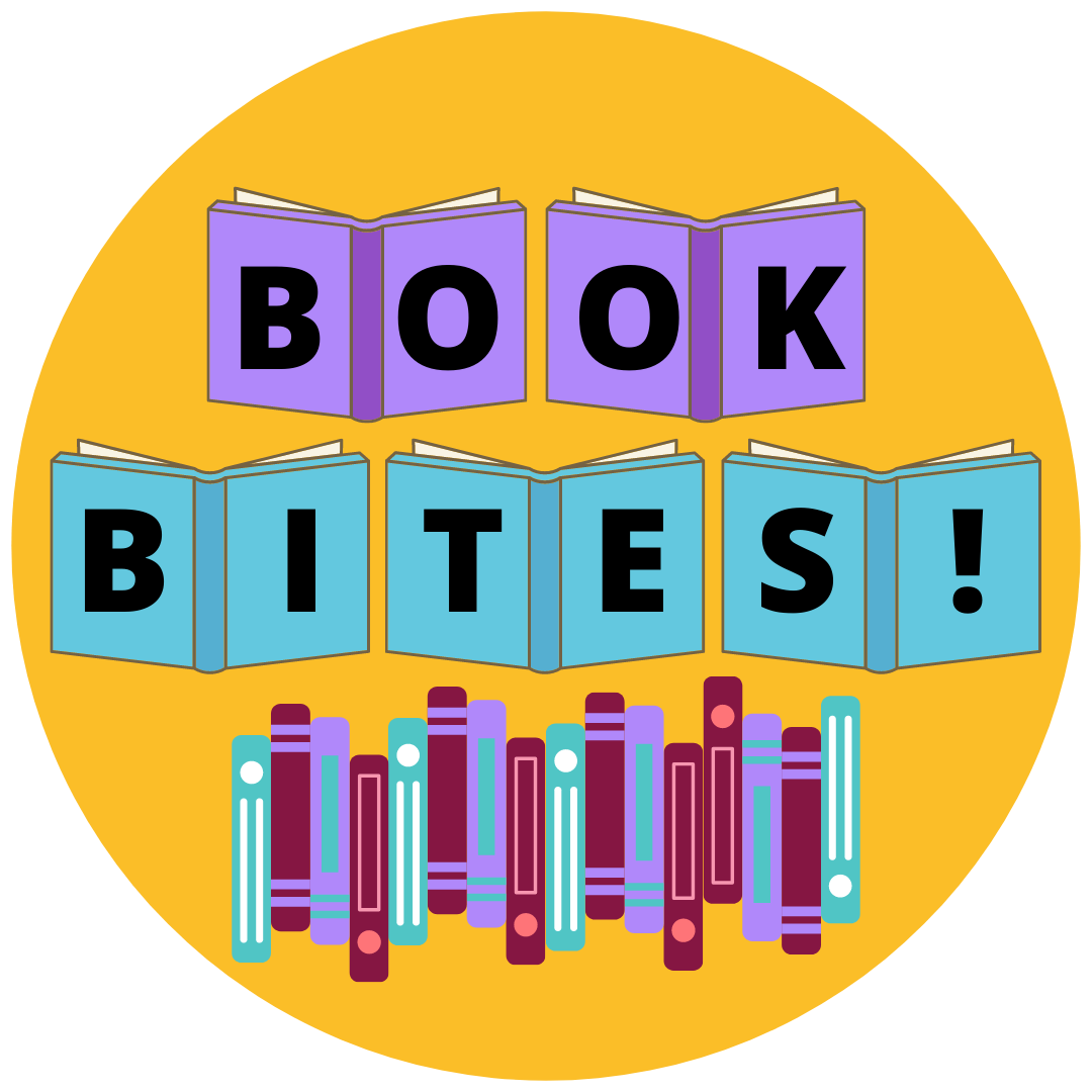 A yellow circle with stacked books and the title Book Bites! 