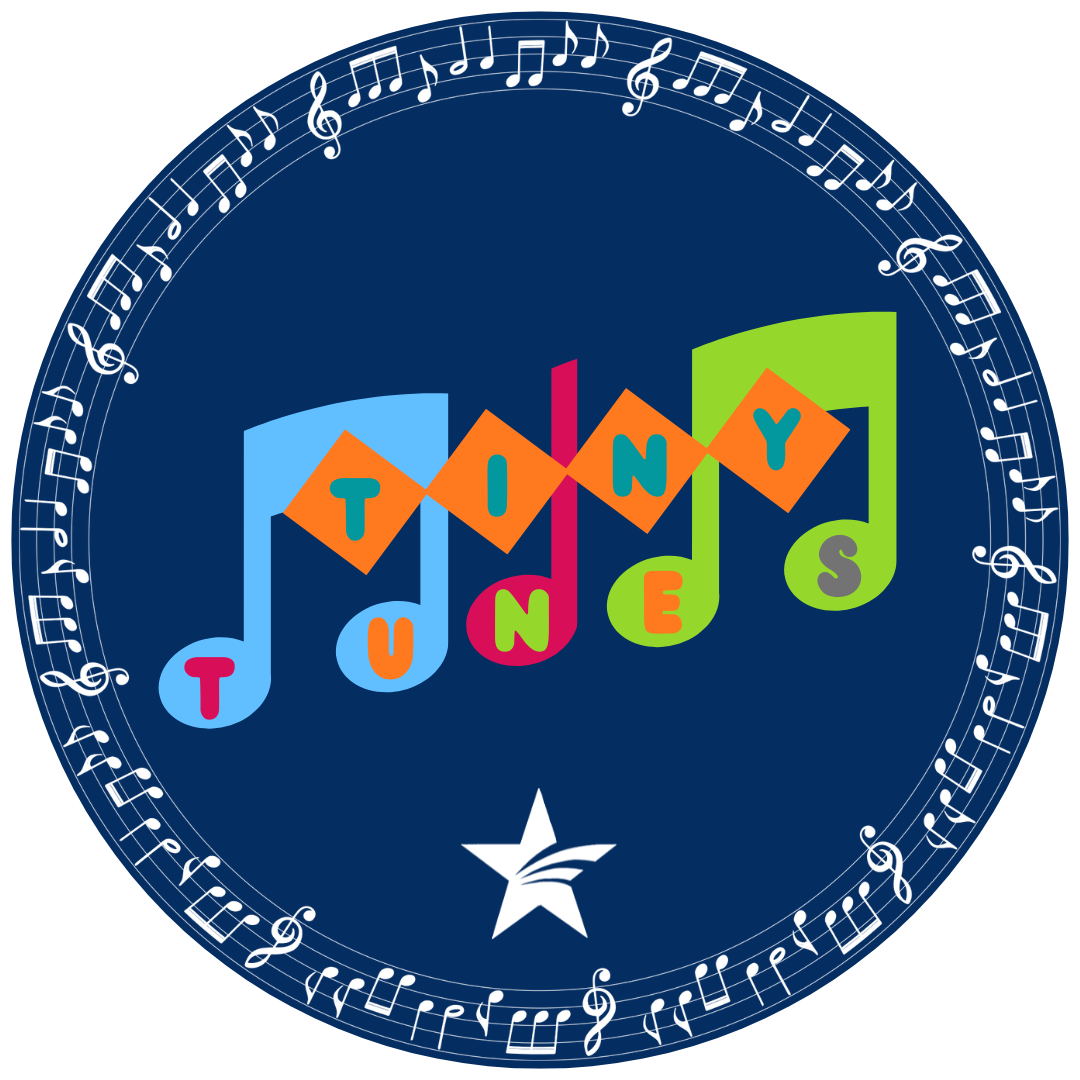 Round logo with "Tiny Tunes" in multiple colors. A ring of music notes around the outer circle.