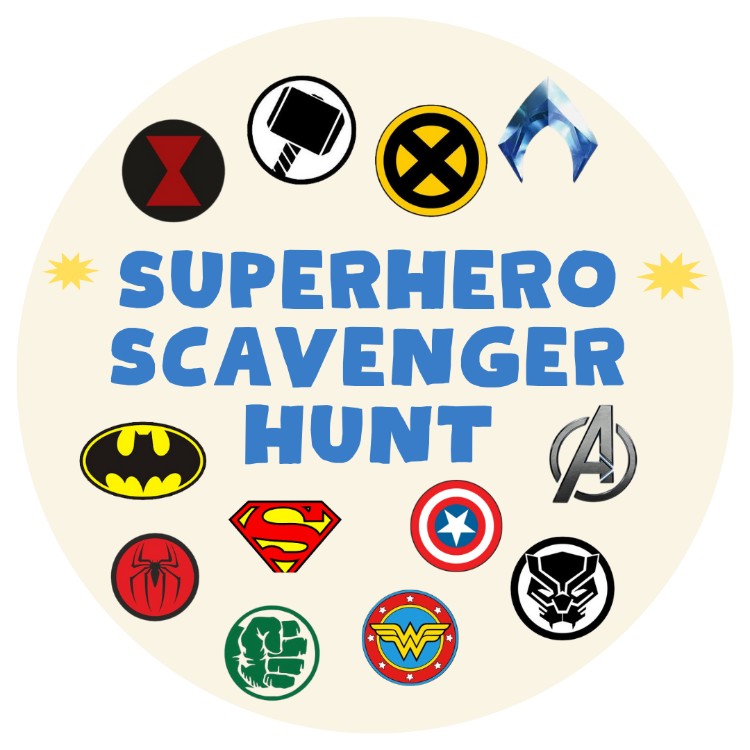 Various superhero logos with the text Superhero Scavenger Hunt