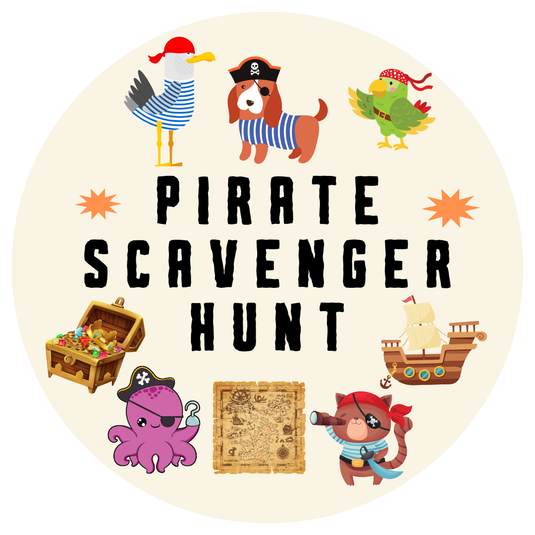 Various animals with pirate hats, treasure chest, treasure map, and pirate boat with the text Pirate Scavenger Hunt