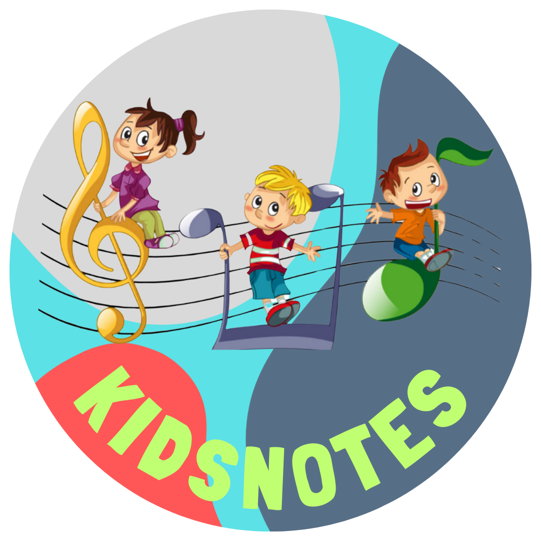 Kids on top of notes with a colorful background with the text KidsNotes