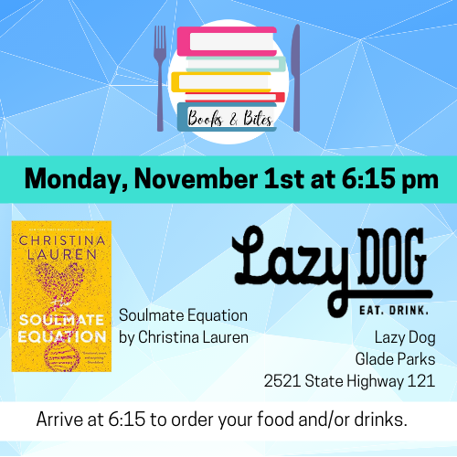 a book cover of Soulmate Equation and a logo for the restaurant Lazy Dog