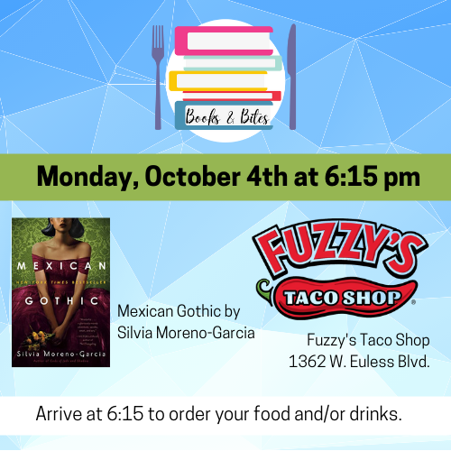 a book cover Mexican Gothic and a logo for Fuzzy's Tacos