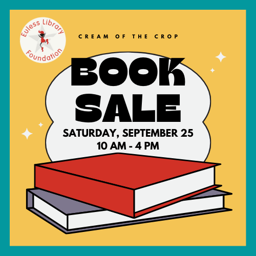 small stack of books with the text Cream of the Crop Book Sale Saturday, September 25th 10 am to 4 pm.