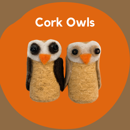 A craft project using two wine corks that look like owls.
