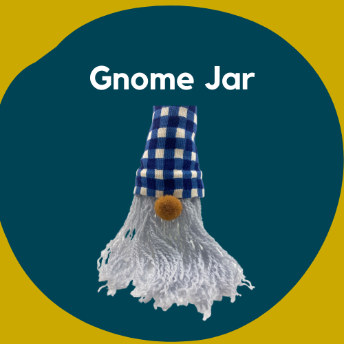 A jar decorated to look like a gnome with a long beard.