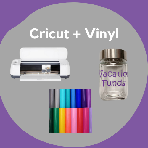 A Cricut machine with vinyl and a jar with vinyl letters on it.