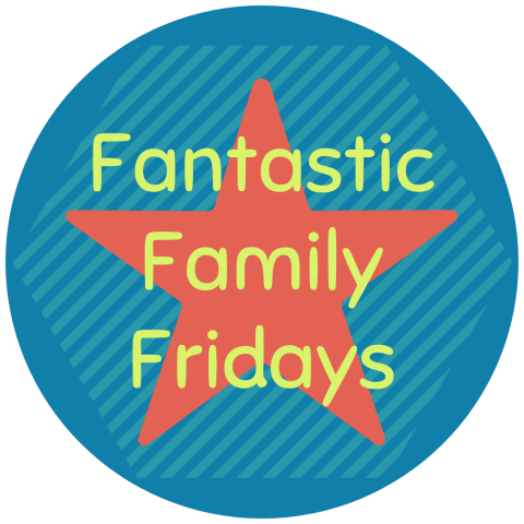 A blue circle with a red star in the middle with Fantastic Family Fridays written on top.