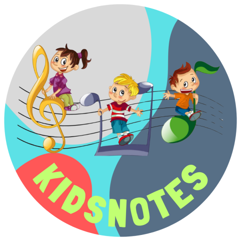 Kids on top of notes with a colorful background with the text KidsNotes