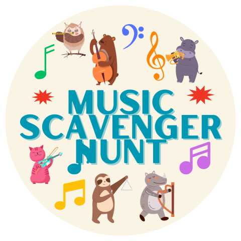 Various animals playing instruments and colorful musical notes with the text Music Scavenger Hunt