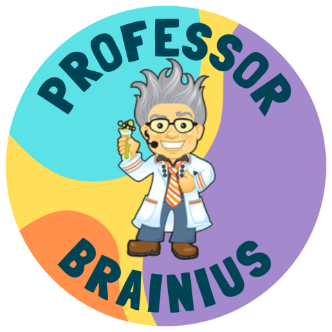 A scientist with colorful background and the text Professor Brainius