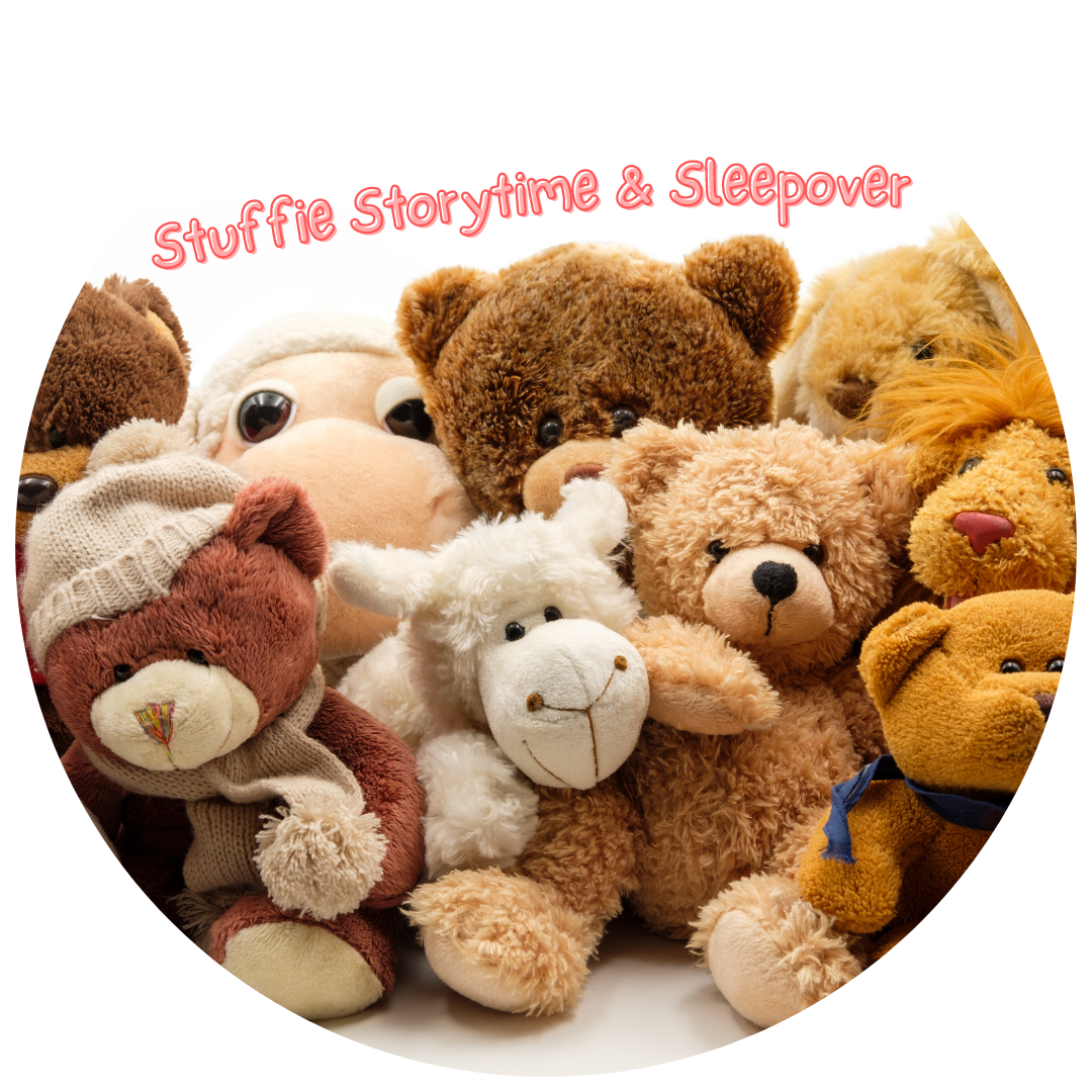 A group of teddy bears with the text Stuffie Storytime & Sleepover