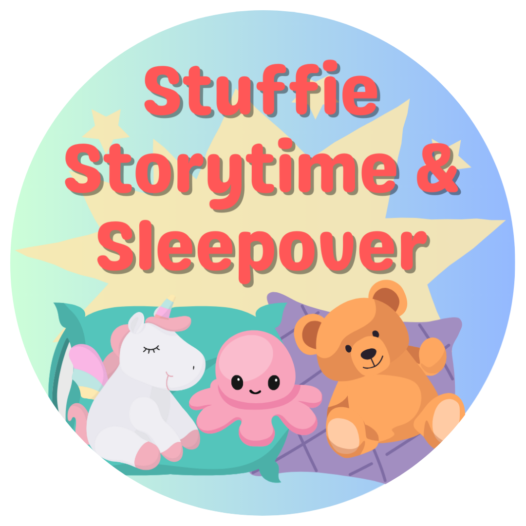 A group of stuffed animals with the text Stuffie Storytime & Sleepover