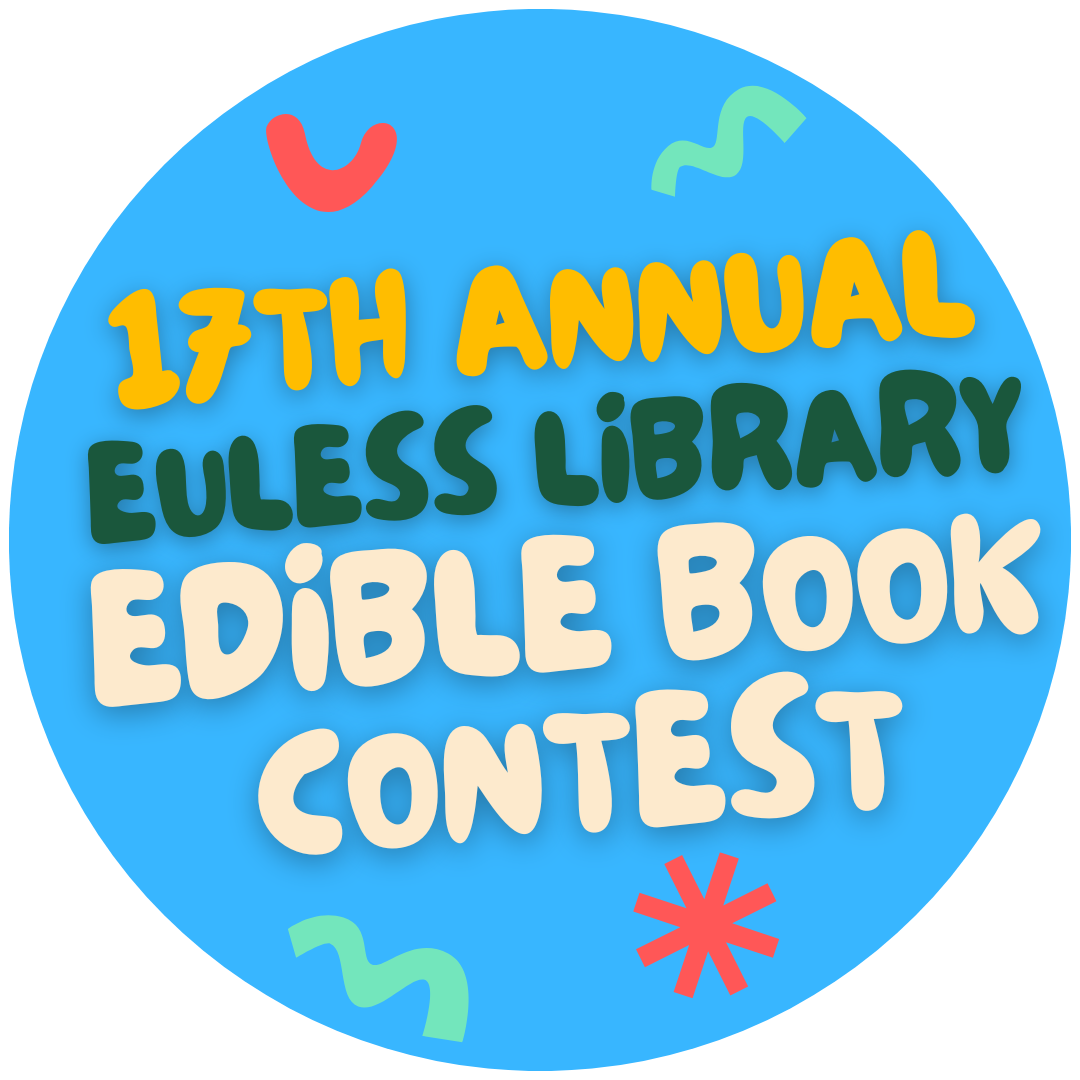 Blue Logo with Text says 17th Annual Euless Library Edible Book Contest